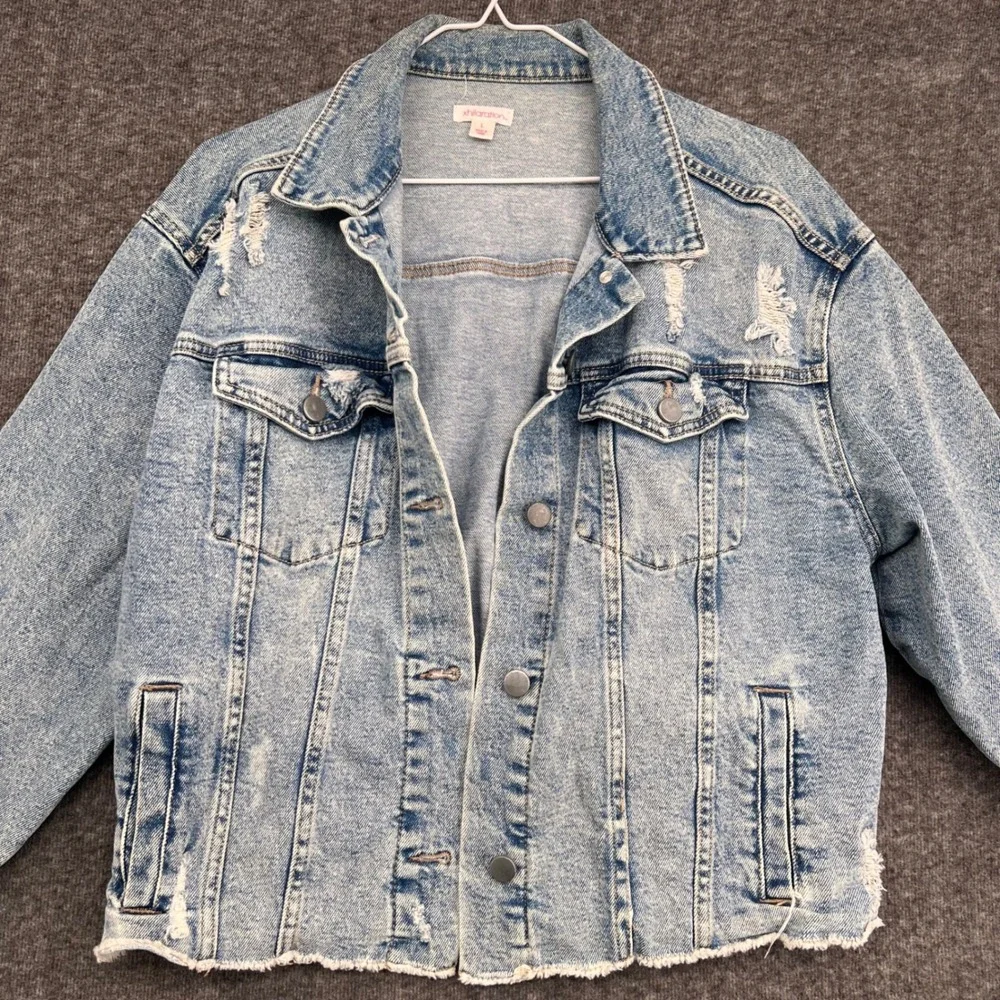 Xhilaration Womens Acid Wash Distressed Denim Jacket Light Blue Raw Hem Large